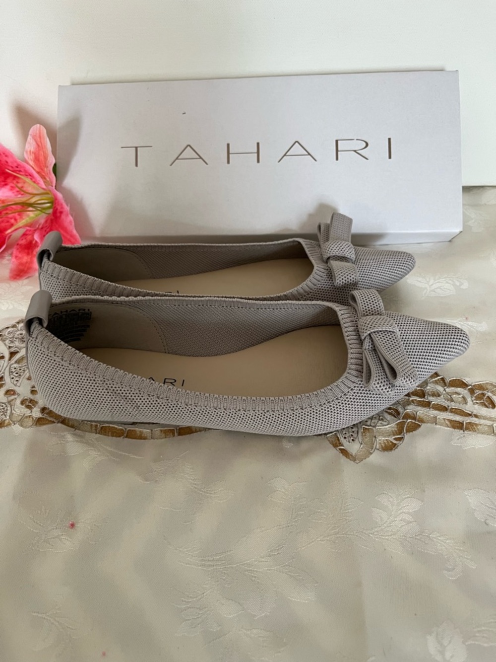 Tahari Pointed Bow Knit Flats in Taupe - Picture 3 of 5